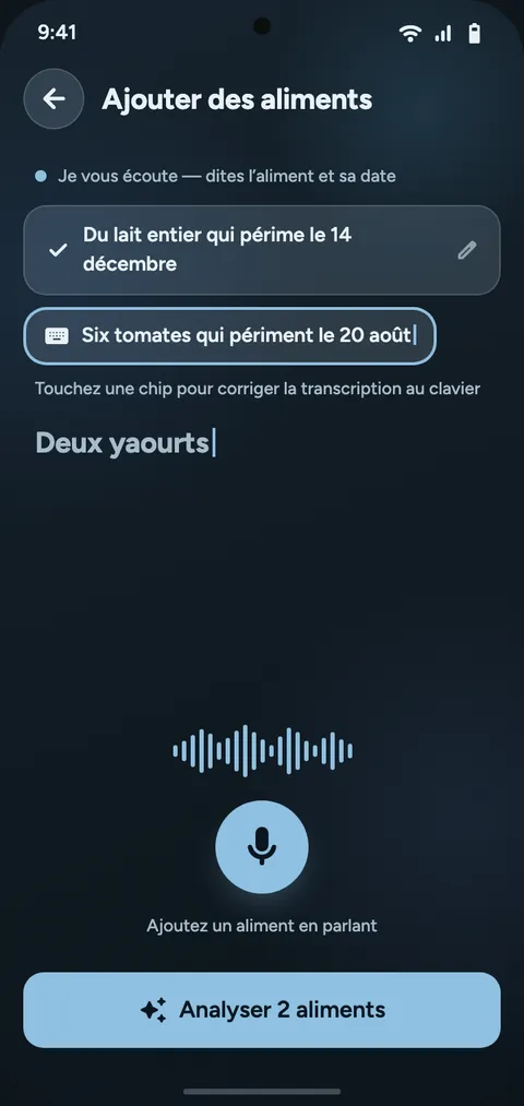 Écran d’écoute : micro actif et transcription en direct.