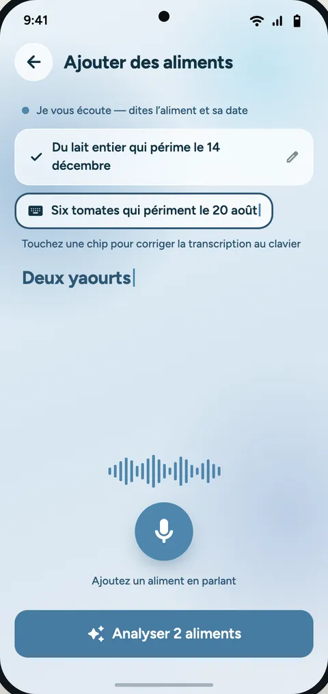 Écran d’écoute : micro actif et transcription en direct.