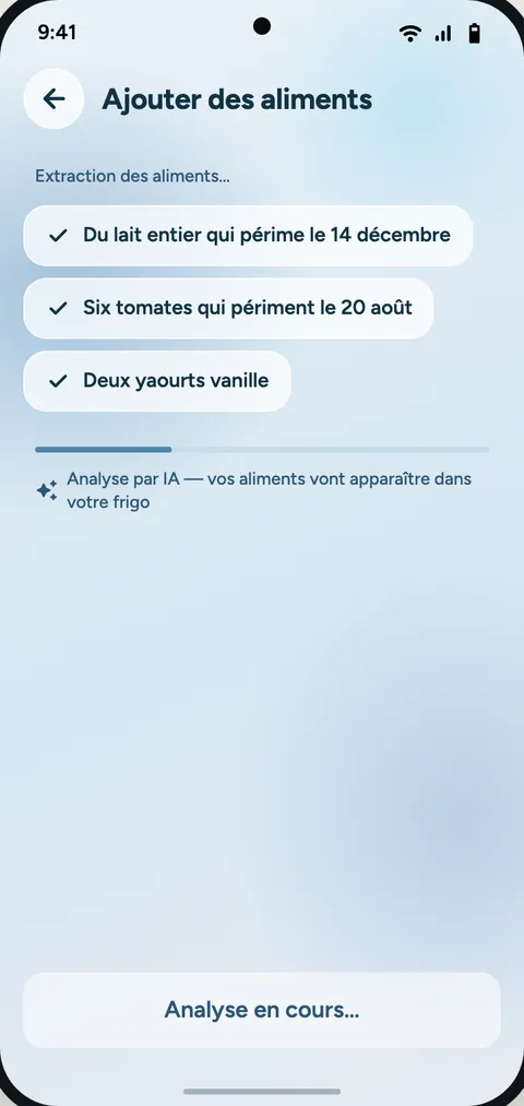 Écran d’extraction : analyse de la dictée en cours.
