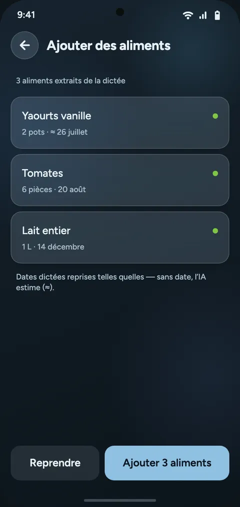 Écran d’inventaire : les aliments extraits apparaissent en cascade.