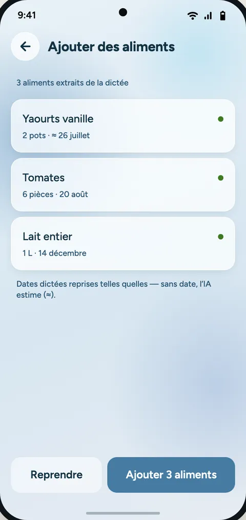Écran d’inventaire : les aliments extraits apparaissent en cascade.